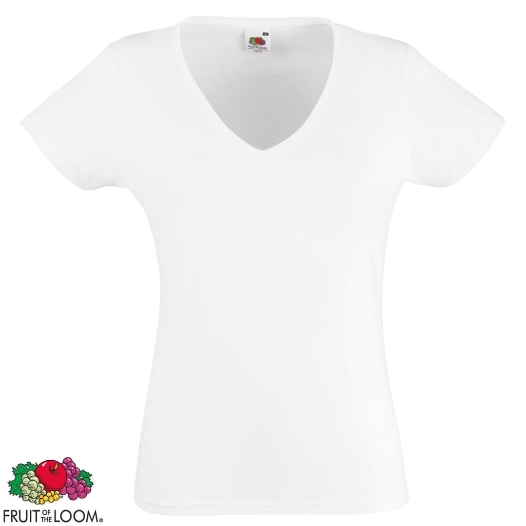 5 Fruit of the Loom Ladies V-Neck Value Weight T-shirt White XS